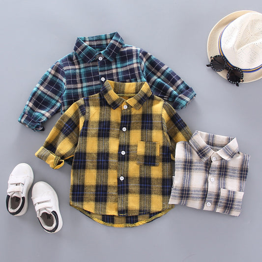 Plaid shirts for boys and girls with wide lapels and long sleeves - YLORESHOP