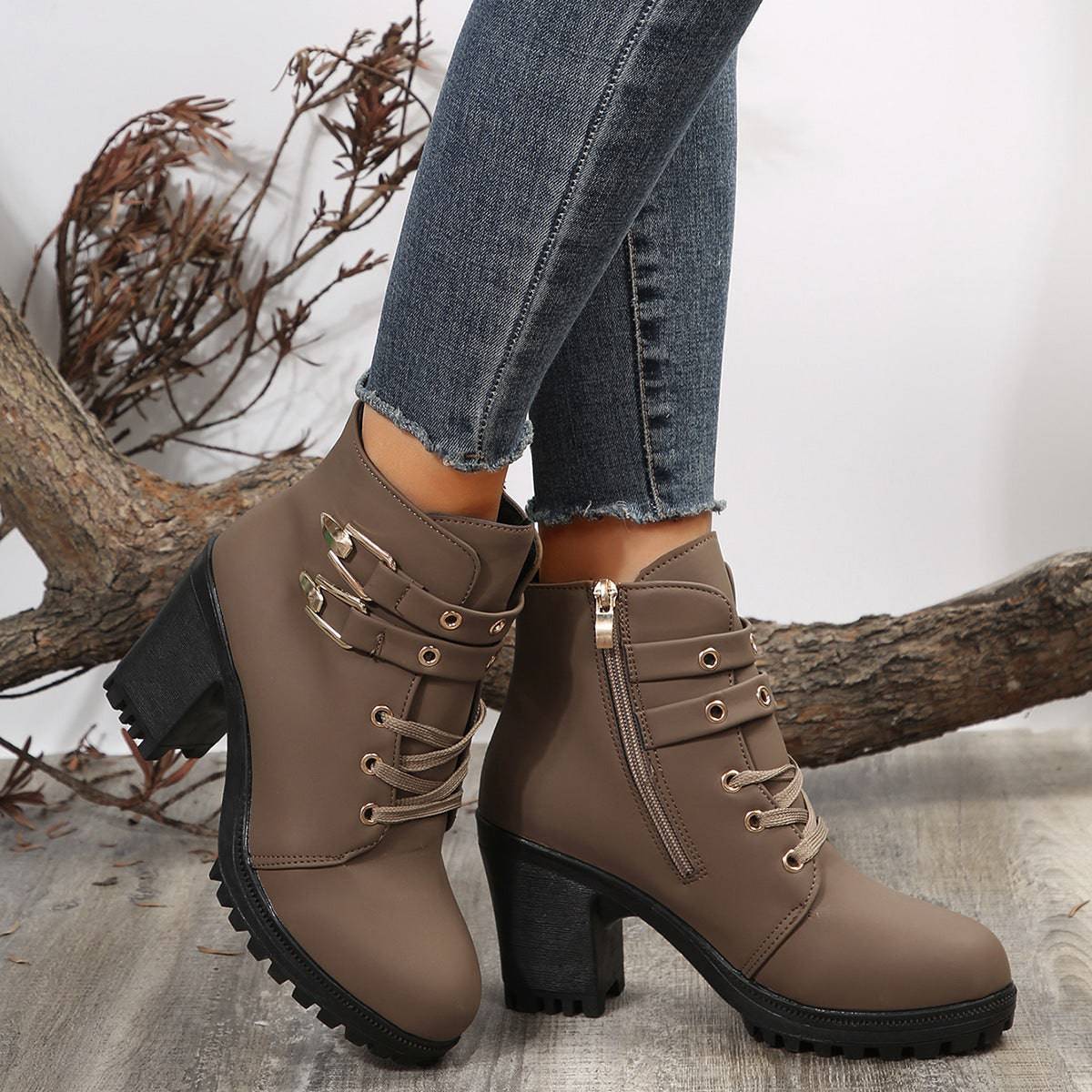 Autumn Round Head Chunky Heel High Heel Leisure Platform Lace Up Booties - YLORESHOP