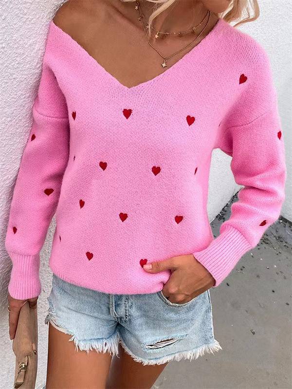 Maglione pullover a maniche lunghe da donna Top in maglia jacquard a forma di cuore tinta unita