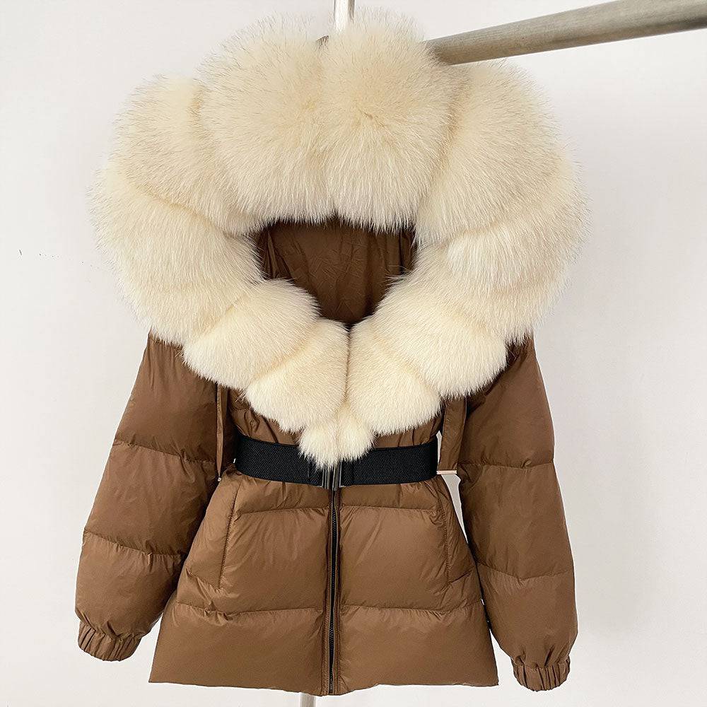 Oversized Real Fox Fur Collar Hooded White Duck Down Jacket - YLORESHOP