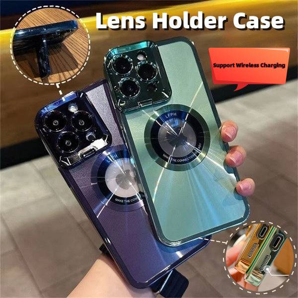 Electroplated Phone Case Luxury Plating CD Pattern Magsafe Bracket Case For 12 13 14 Pro Max Invisible Camera Stand Holder Lens Holder Magnetic Suction