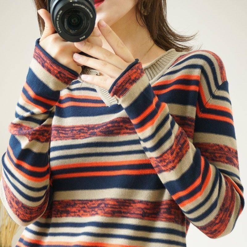 Striped V-neck Knitted Top Thin Plus Size Inner Bottoming Shirt - YLORESHOP