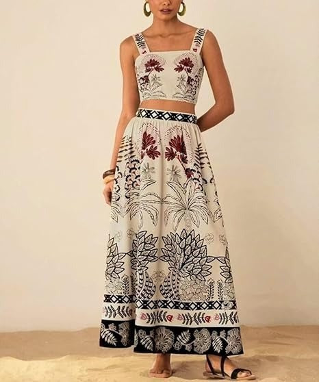 Sexy Spaghetti Straps Midriff-baring Printed Up And Down Skirt Suit - YLORESHOP