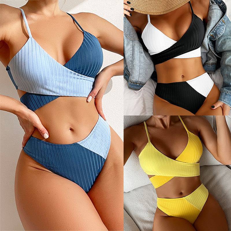 Bikini Patchwork Swimwear Ribbed Women's Swimsuit Knot Back Beachwear Ruched Butt Biquinis Bathing Suits - YLORESHOP