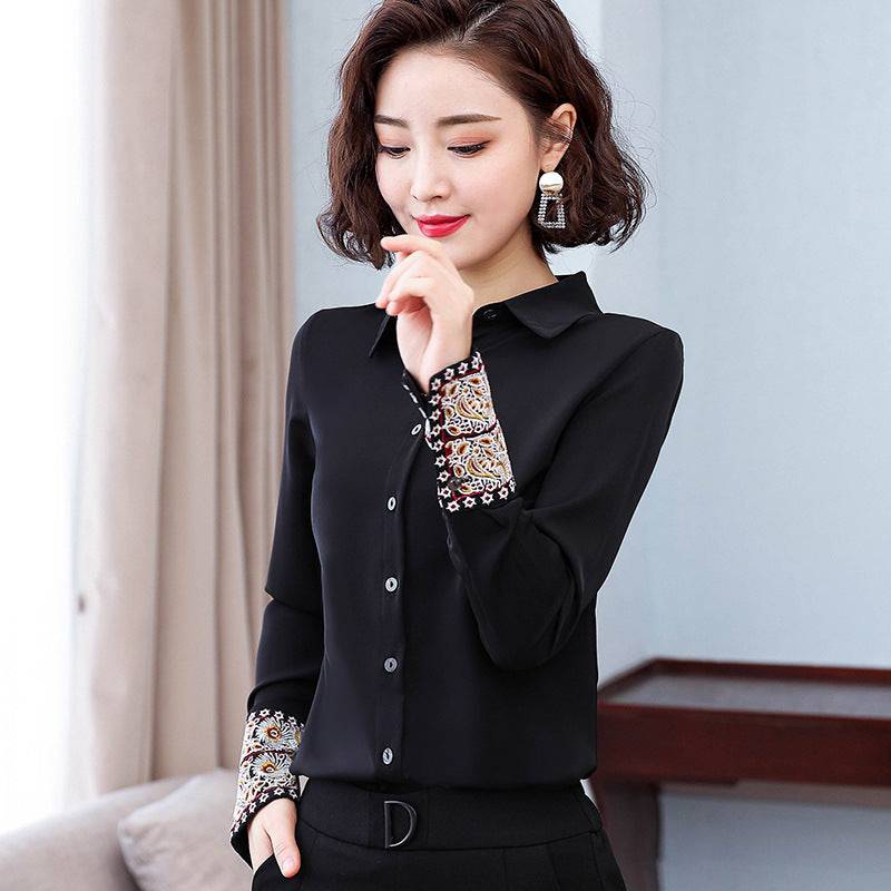 Spring And Autumn Lapel Long Sleeve White Shirt Women's Design Chinese Style Embroidery Chiffon Top