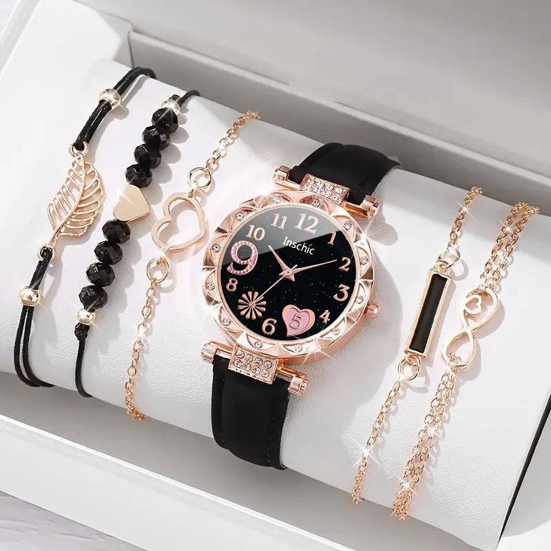 Women's Diamond Dial Belt Quartz Watch Beaded Bracelet Suit - YLORESHOP