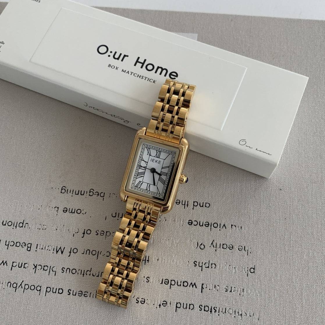 Retro Square Roman Scale Gold Steel Belt Quartz Watch - YLORESHOP