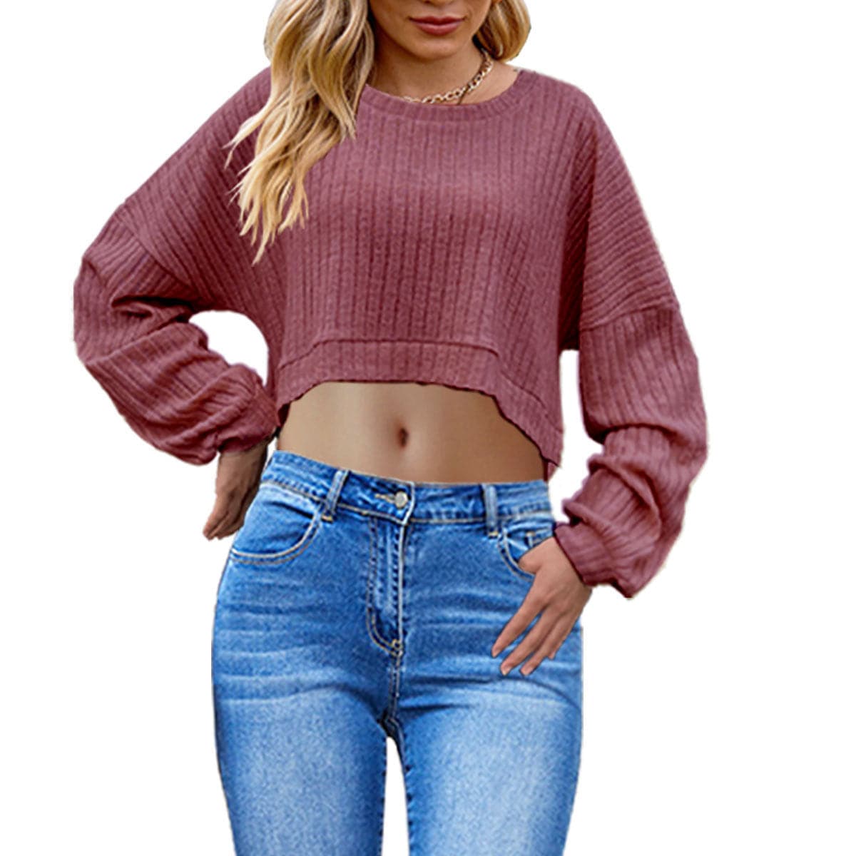 European And American Brushed Sunken Stripe Knitted Midriff-baring Long Sleeve Short T Women's Top - YLORESHOP