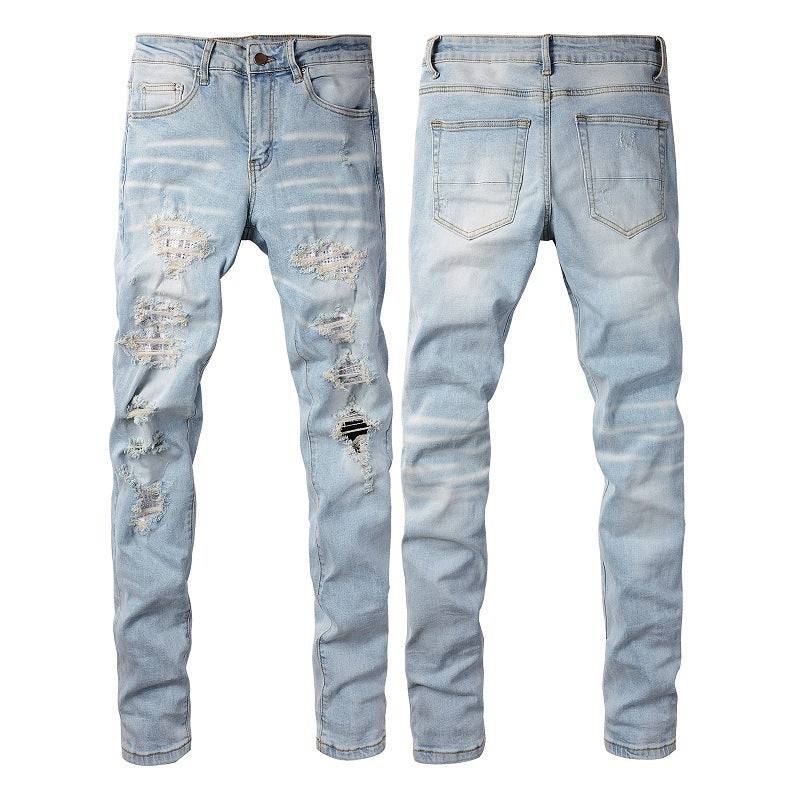 Pantaloni casual in denim strappato da uomo leggermente elastici