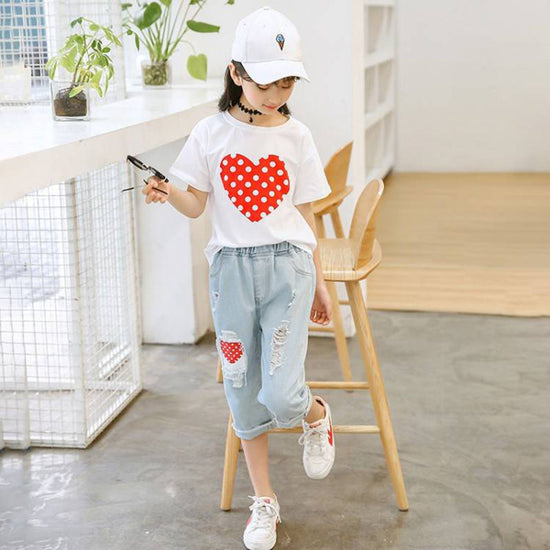 Girls White T-shirt Ripped Jeans Kids Suit - YLORESHOP