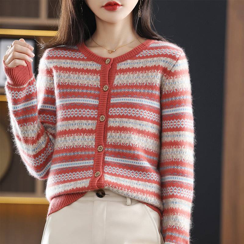 Women's Knitted Cardigan Mixed Color Stripe Contrast Color Jacquard Soft Glutinous Sweater Coat - YLORESHOP