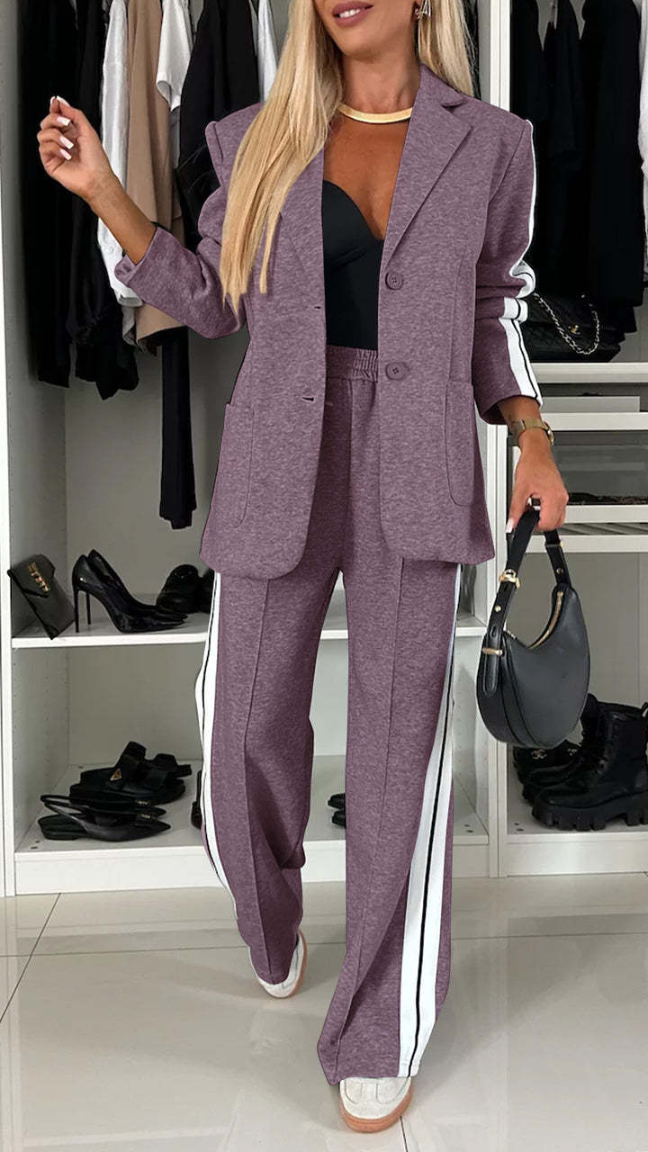 Women's casual suit with single-breasted jacket and straight-leg striped trousers - YLORESHOP