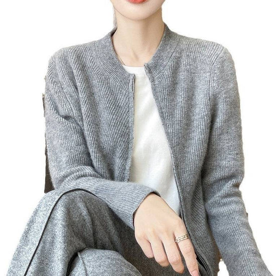 Round Neck Knitted Cardigan Long Sleeve Women's Oblique Zipper Slim Jacket - YLORESHOP