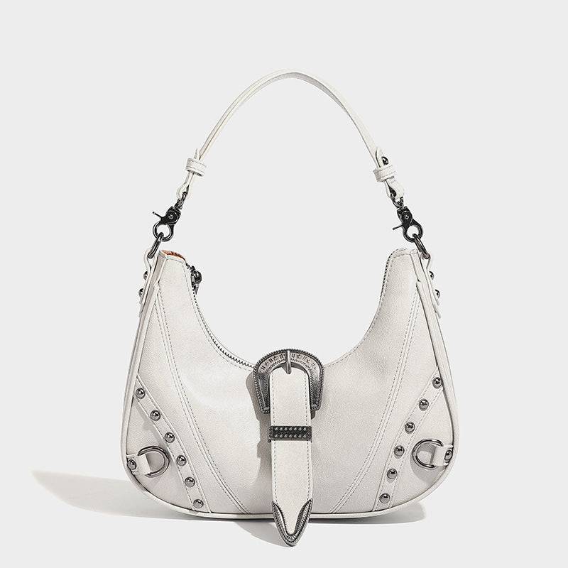 Women's Distressed Silver Belt Buckle Underarm Shoulder Bag