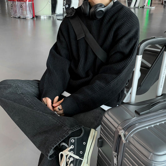 Maglione pullover a maniche lunghe con scollo rotondo e tinta unita in stile pigro