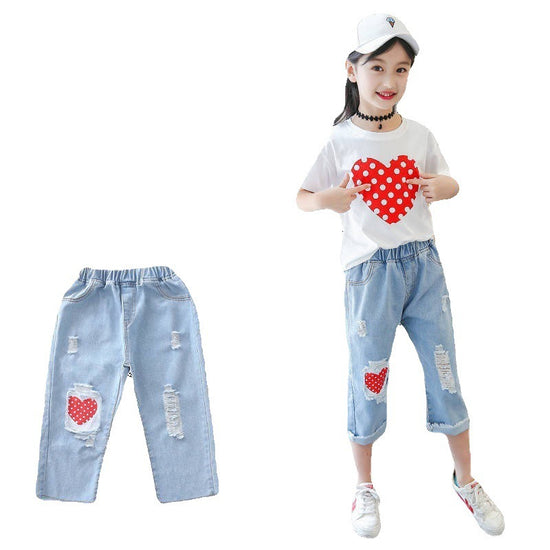 Girls White T-shirt Ripped Jeans Kids Suit - YLORESHOP