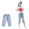 Girls White T-shirt Ripped Jeans Kids Suit - YLORESHOP