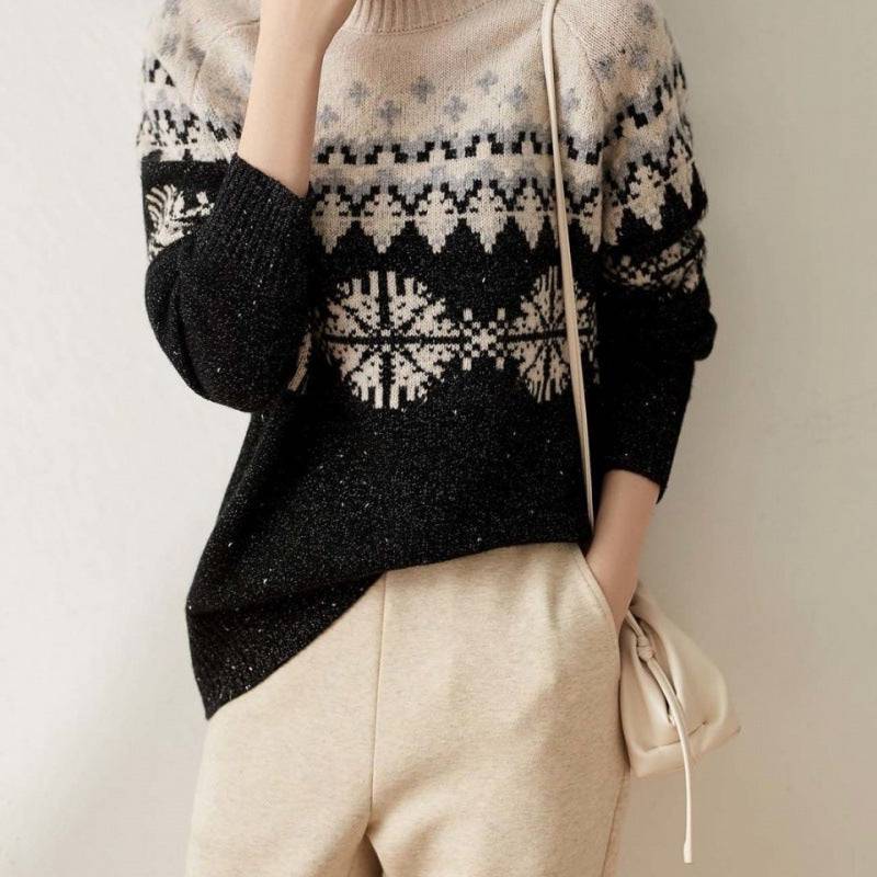 Autumn And Winter Spring New Half Turtleneck Knitted Snowflake Retro Loose Sweater - YLORESHOP