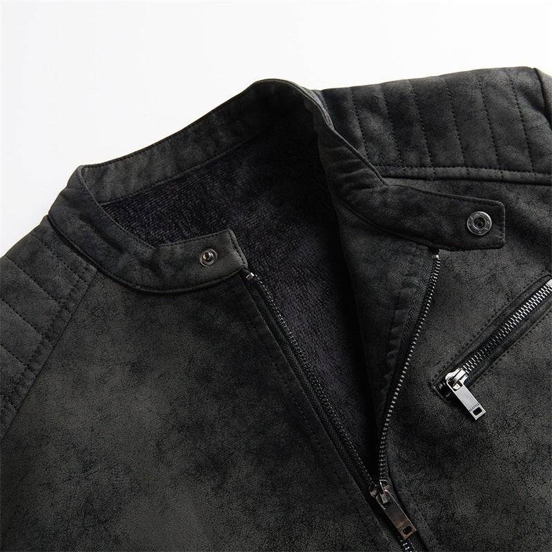 Men's Fleece-lined Slim Fit Handsome Motorcycle Clothing Stand Collar Leather Jacket - YLORESHOP