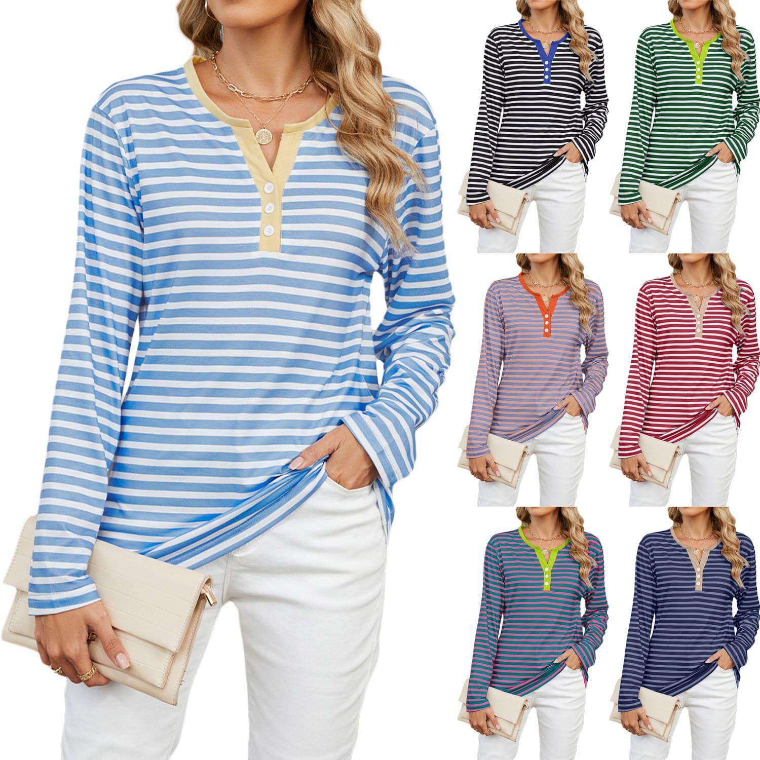 Women's V-neck Striped Loose Long-sleeved T-shirt Top - YLORESHOP