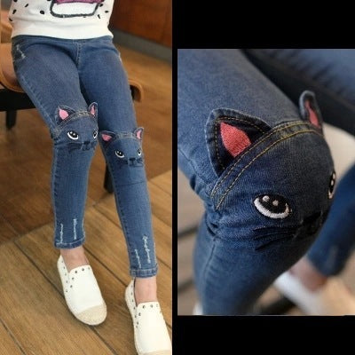 Girls' Children's Clothing Children's Cartoon Cat Embroidery Spring And Autumn Jeans Pencil Pants - YLORESHOP