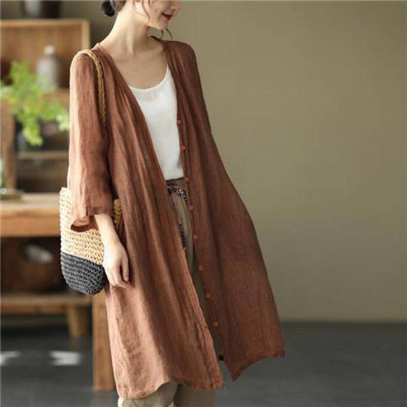 Artistic Plus Size Loose Mid-length Cotton And Linen Shirt Solid Color - YLORESHOP