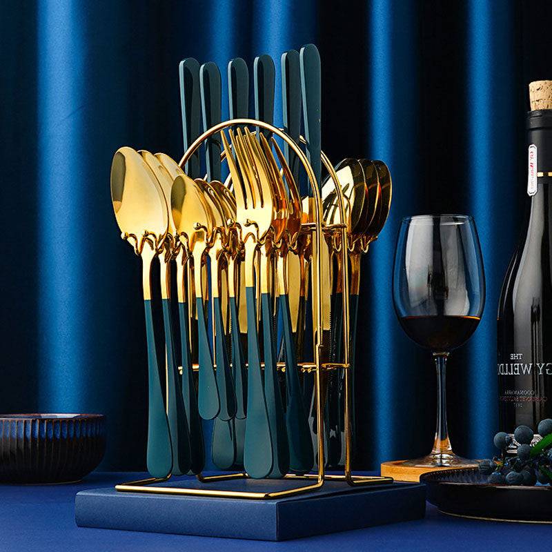 Gold Dinnerware Set Stainless Steel Tableware Set Knife Fork Spoon Luxury Cutlery Set With Storage Rack Dishwasher - YLORESHOP