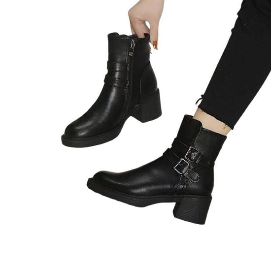 Black Belt Buckle Round Toe Mid Heel Short Boots For Women - YLORESHOP