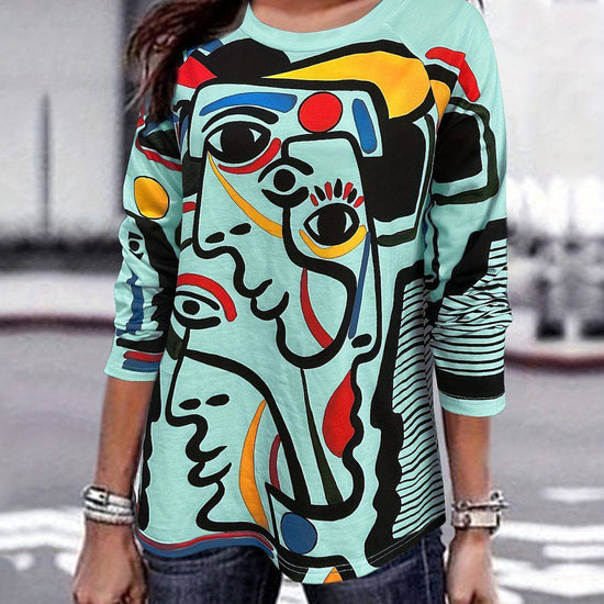 Women's T-shirt White With Printed Pattern Round Neck Long Sleeve - YLORESHOP