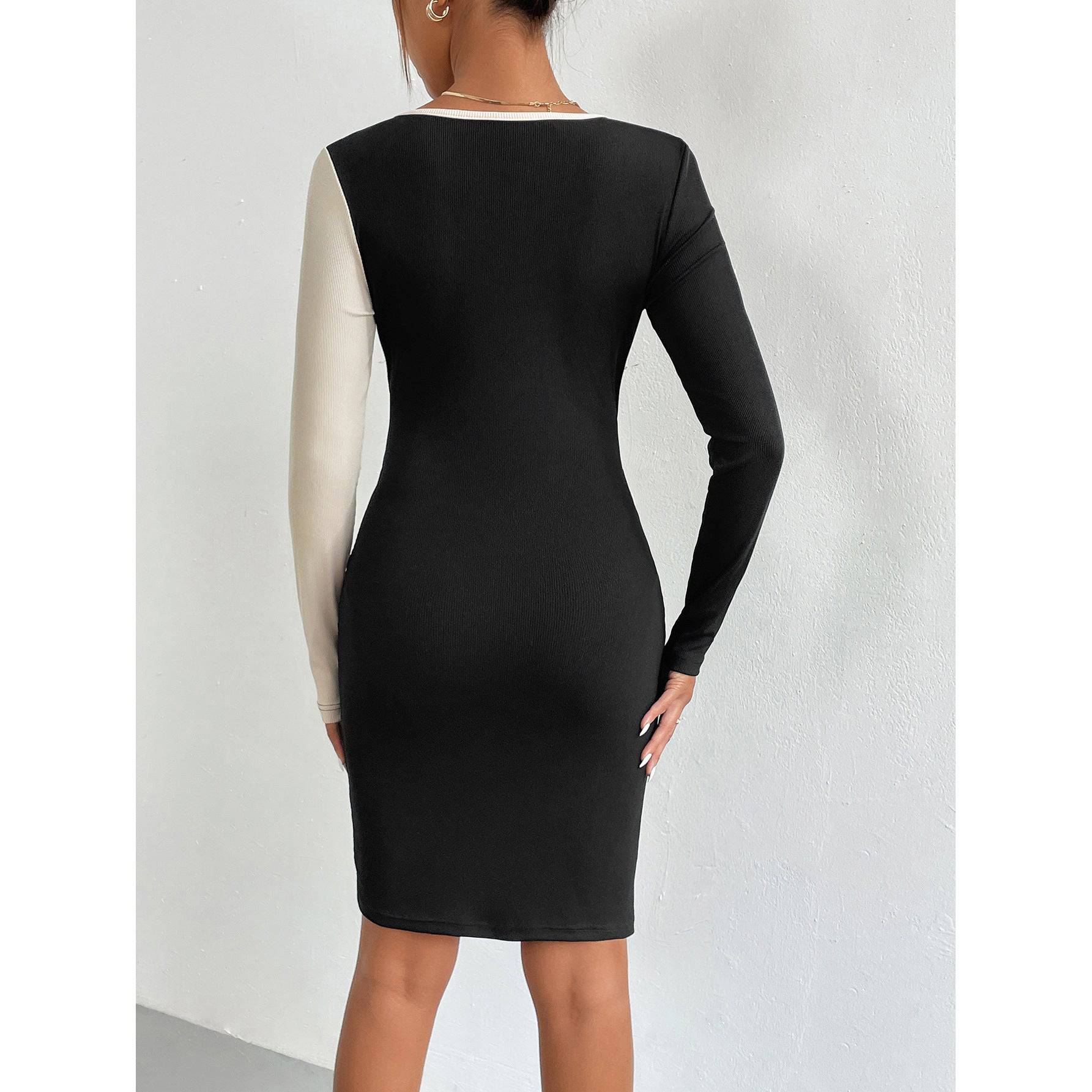 Women's Stitching Tied Sheath Long Sleeve Dress - YLORESHOP