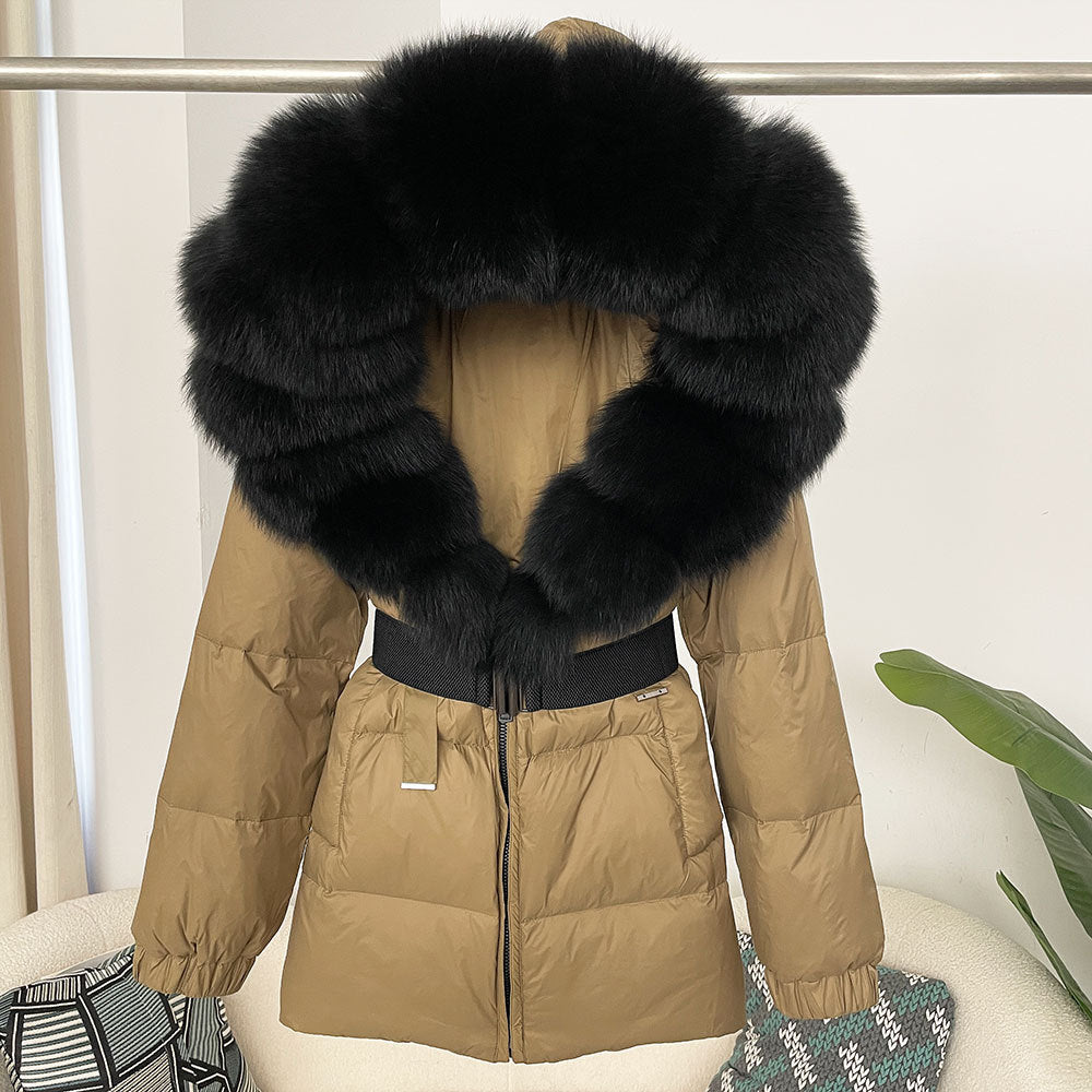 Oversized Real Fox Fur Collar Hooded White Duck Down Jacket - YLORESHOP