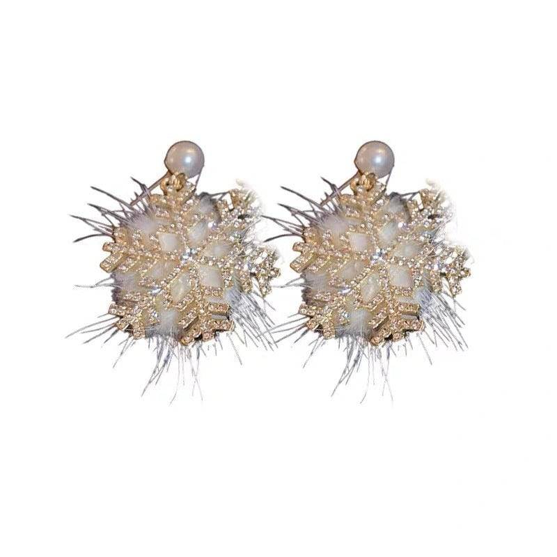 Christmas Snowflake Earrings Women's Full Diamond Pearl Plush Earrings - YLORESHOP