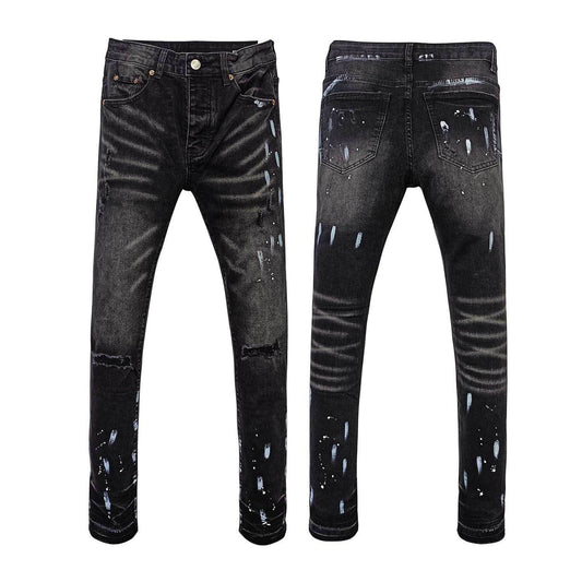 American High Street Ripped Stretch Paint Splash Straight Jeans Men - YLORESHOP