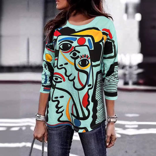 Women's T-shirt White With Printed Pattern Round Neck Long Sleeve - YLORESHOP