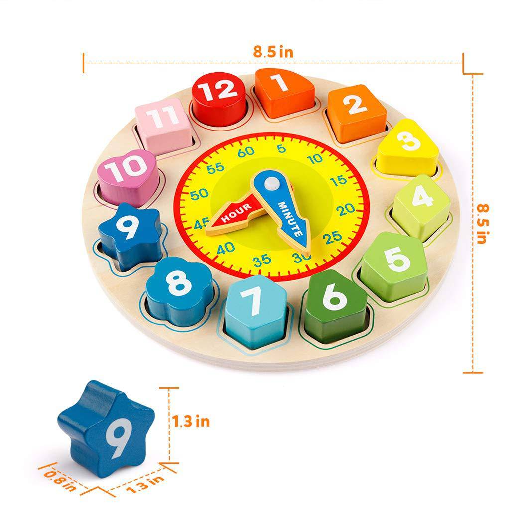 Teaching Time Number Blocks Puzzle Wooden Shape Color Sorting Clock - YLORESHOP