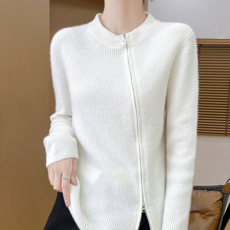 Round Neck Knitted Cardigan Long Sleeve Women's Oblique Zipper Slim Jacket - YLORESHOP