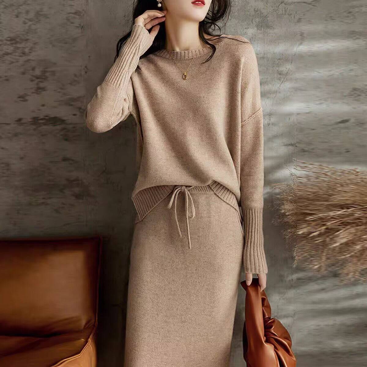 Drawstring High Waist Pure Color Wool Knitted Dress Two-piece Set - YLORESHOP