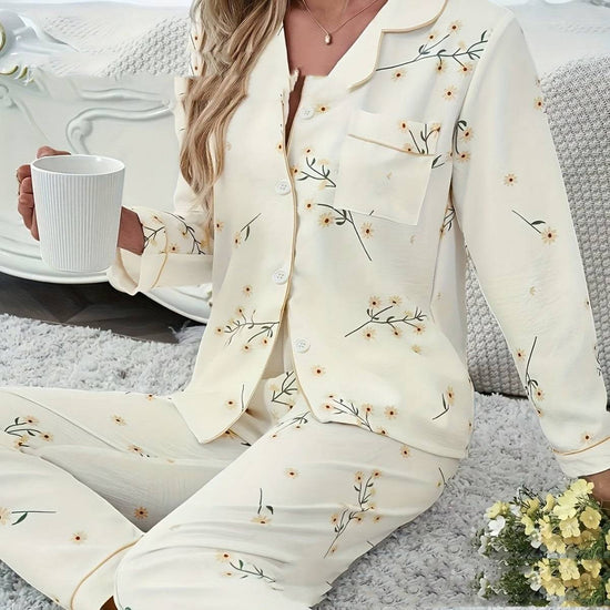 Spring And Autumn Home Lapel Button Leaf Printed Pajamas Two-piece Set - YLORESHOP