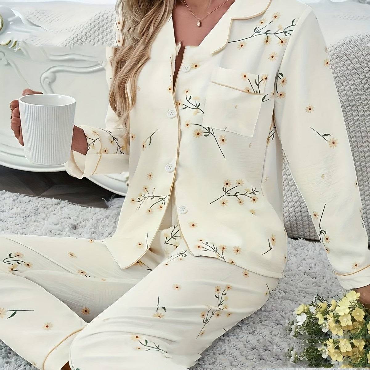 Spring And Autumn Home Lapel Button Leaf Printed Pajamas Two-piece Set