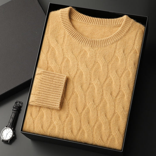 Maglione da uomo in cashmere spesso con scollo rotondo e design intrecciato