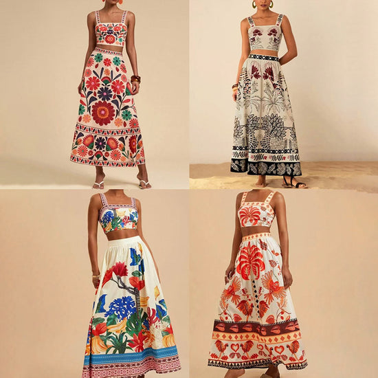 Sexy Spaghetti Straps Midriff-baring Printed Up And Down Skirt Suit - YLORESHOP