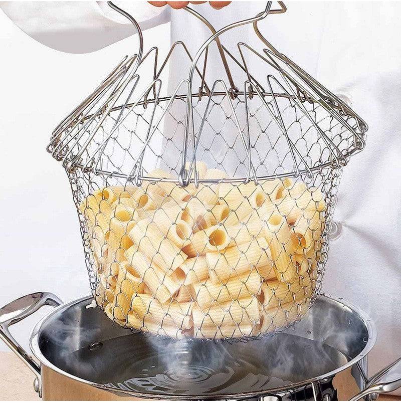 Deep Fry Basket Stainless Steel Multi-function Foldable Chef Cooking Basket Flexible Kitchen Tool for Fried Food Washing Fruits Vegetables - YLORESHOP