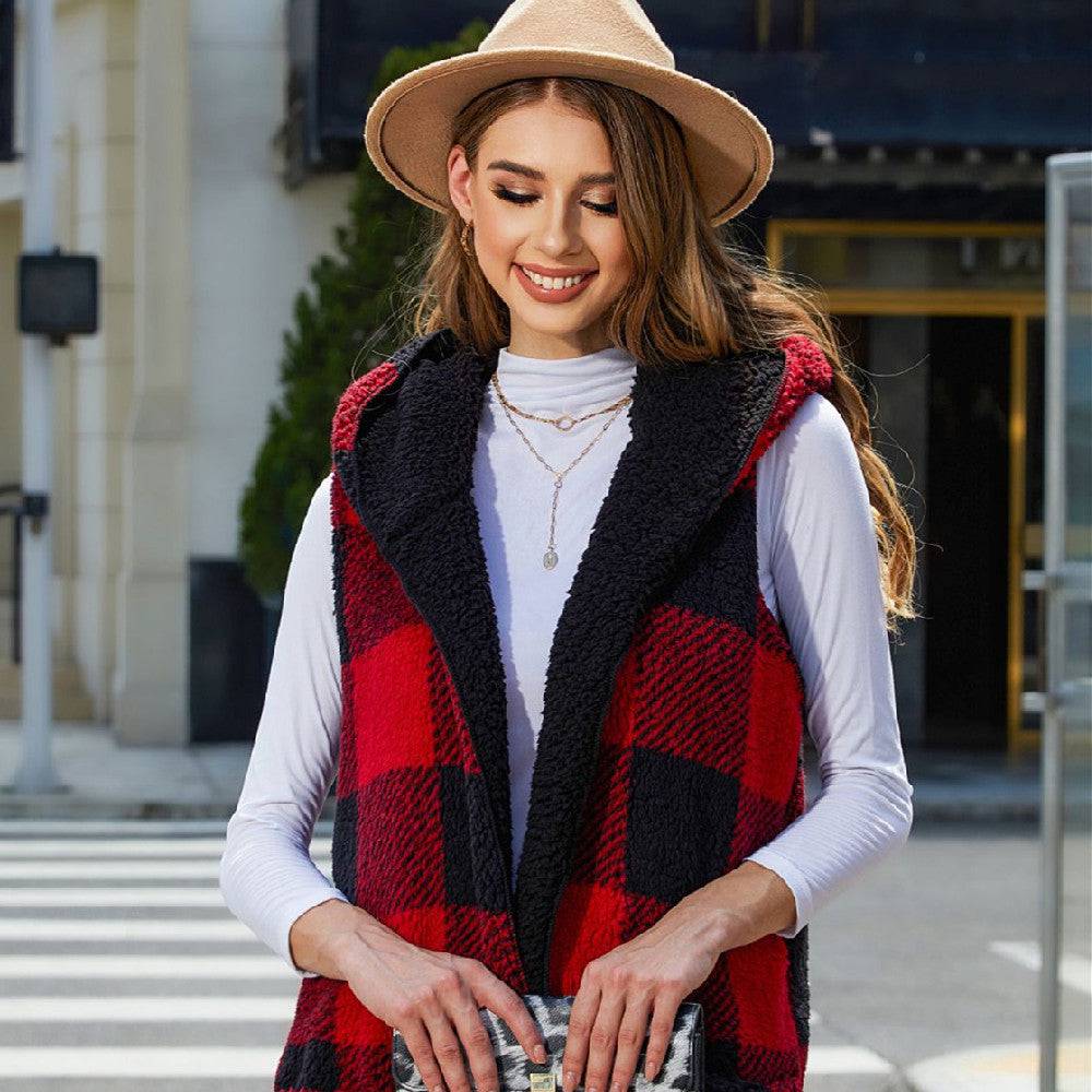 Cardigan Plaid Plush Vest Coat For Women - YLORESHOP