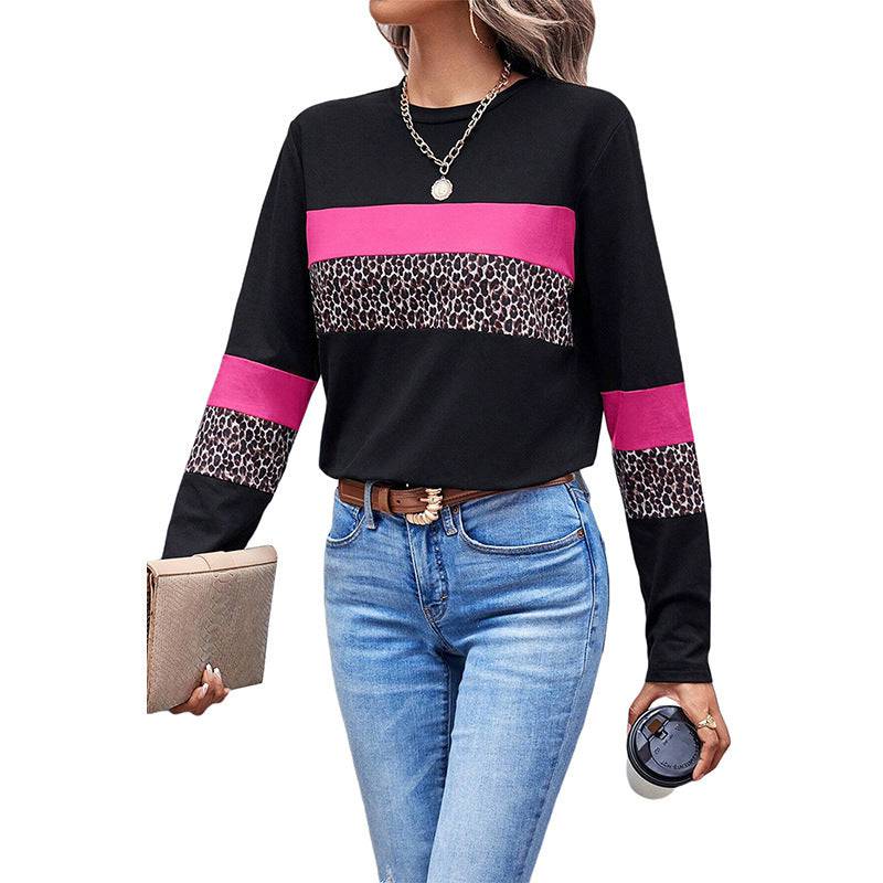 Leopard Print Color-block Crew Neck Pullover Women - YLORESHOP
