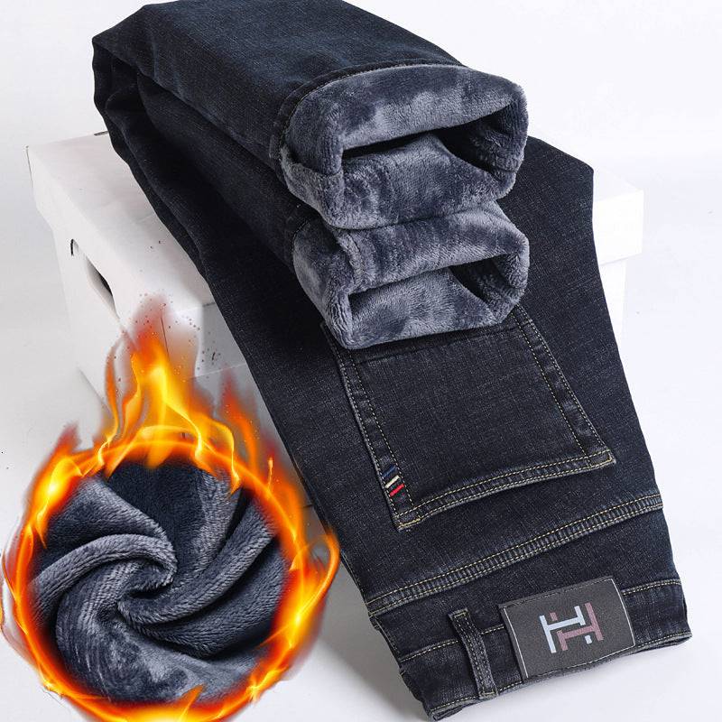 Jeans imbottiti in pile da uomo dritto slim elastico ispessimento