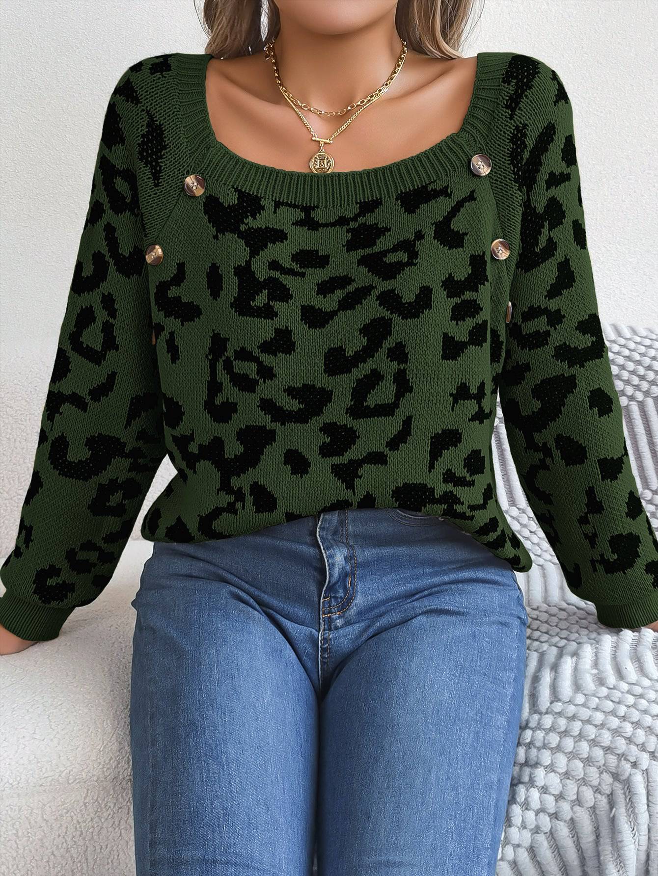 Maglione a maniche lunghe con stampa leopardata a colori a contrasto con bottoni casual e colletto quadrato