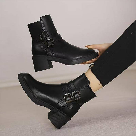 Black Belt Buckle Round Toe Mid Heel Short Boots For Women - YLORESHOP