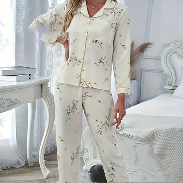 Spring And Autumn Home Lapel Button Leaf Printed Pajamas Two-piece Set - YLORESHOP