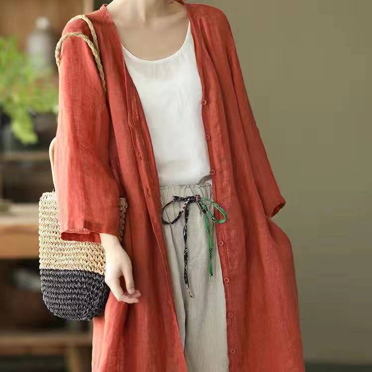 Artistic Plus Size Loose Mid-length Cotton And Linen Shirt Solid Color - YLORESHOP