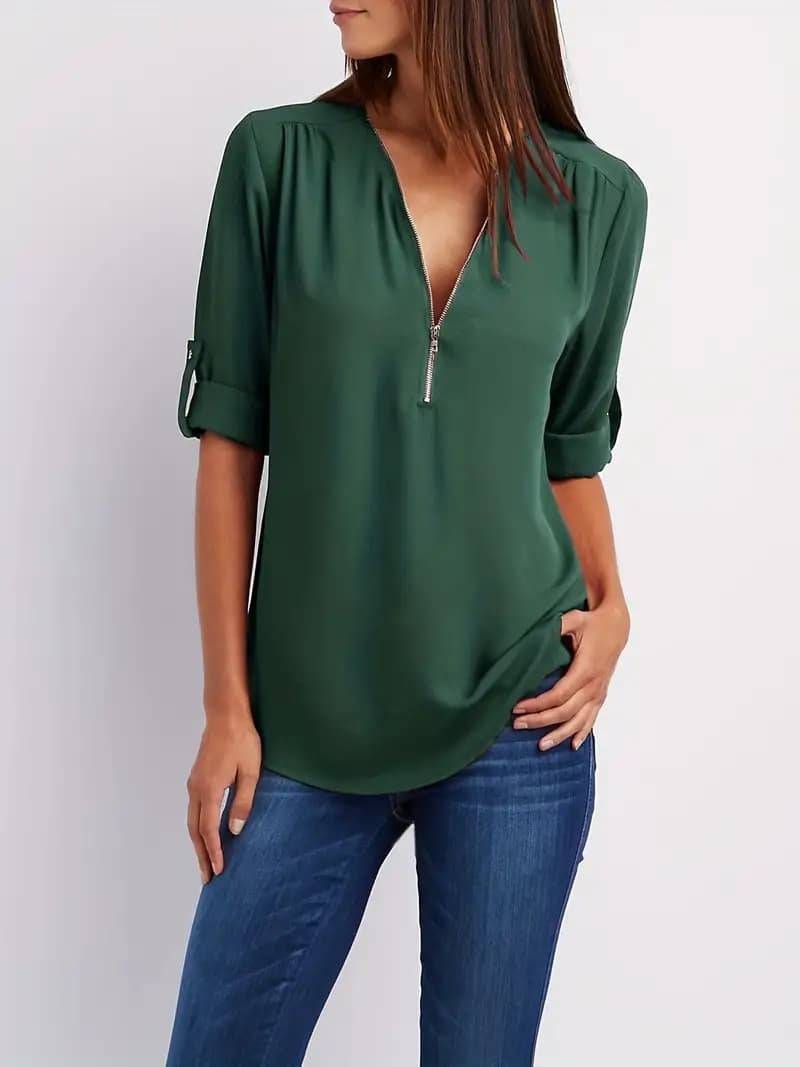 Simple V-neck Shirt, Casual Pleated Half-zip Shirt With Rolled-up Sleeves - YLORESHOP